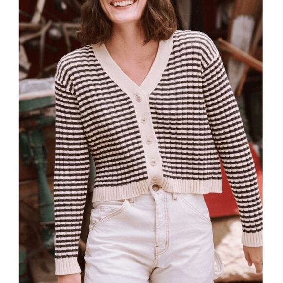 THE GREAT. Mini Striped Cropped Woodsmoke Brown & Cream Cardigan 0/XS